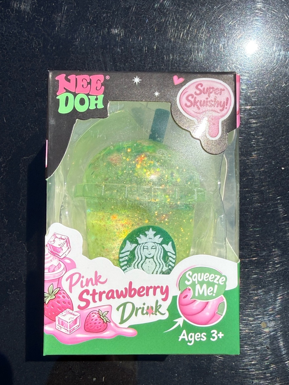 Pink Strawberry Drink Super Squishy Toy - Green Glitter